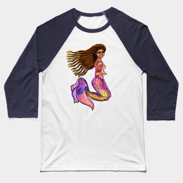 Best mermaid gifts 2022. Mermaid  with rainbow coloured colored fins, braids, outstretched  arm, brown eyes, Curly hair  and caramel brown skin - light background Baseball T-Shirt by Artonmytee